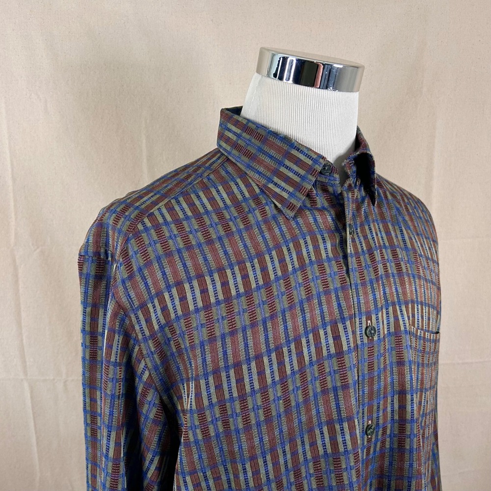 Jhane Barnes XL Silk Blend Button Down Shirt Green Blue Brown Plaid Casual Mens